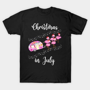 Funny Flamingo Pink Camping Car Christmas in July T-Shirt